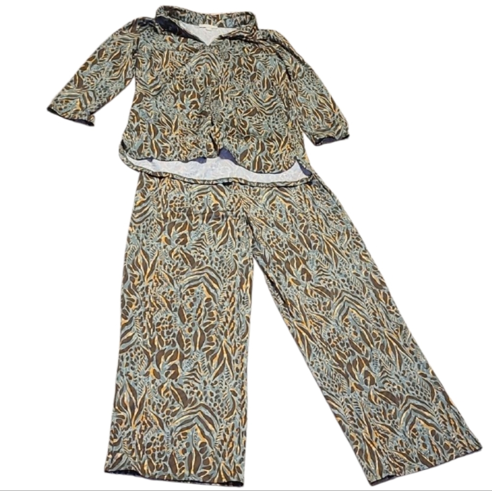 Sunny Leigh Womens Top Pant Set Green Brown Stretch sz Med Comfortable